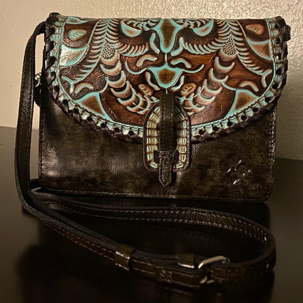 Patricia Nash Lanza Hand Tooled Leather Crossbody Shoulder Bag Brown Turquoise - Picture 2 of 6